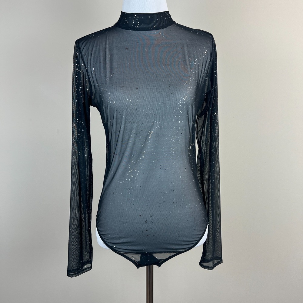 Cosmic Sparkle Thong Bodysuit Womens Medium Sheer Black Silver Shimmer Sexy Club